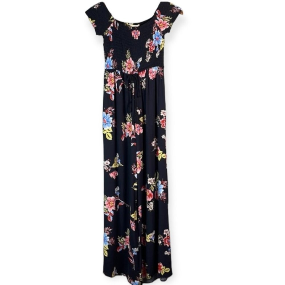Band  of Gypsies Black Floral Print Smocked Wide Leg Jumpsuit Romper Pockets Sm
